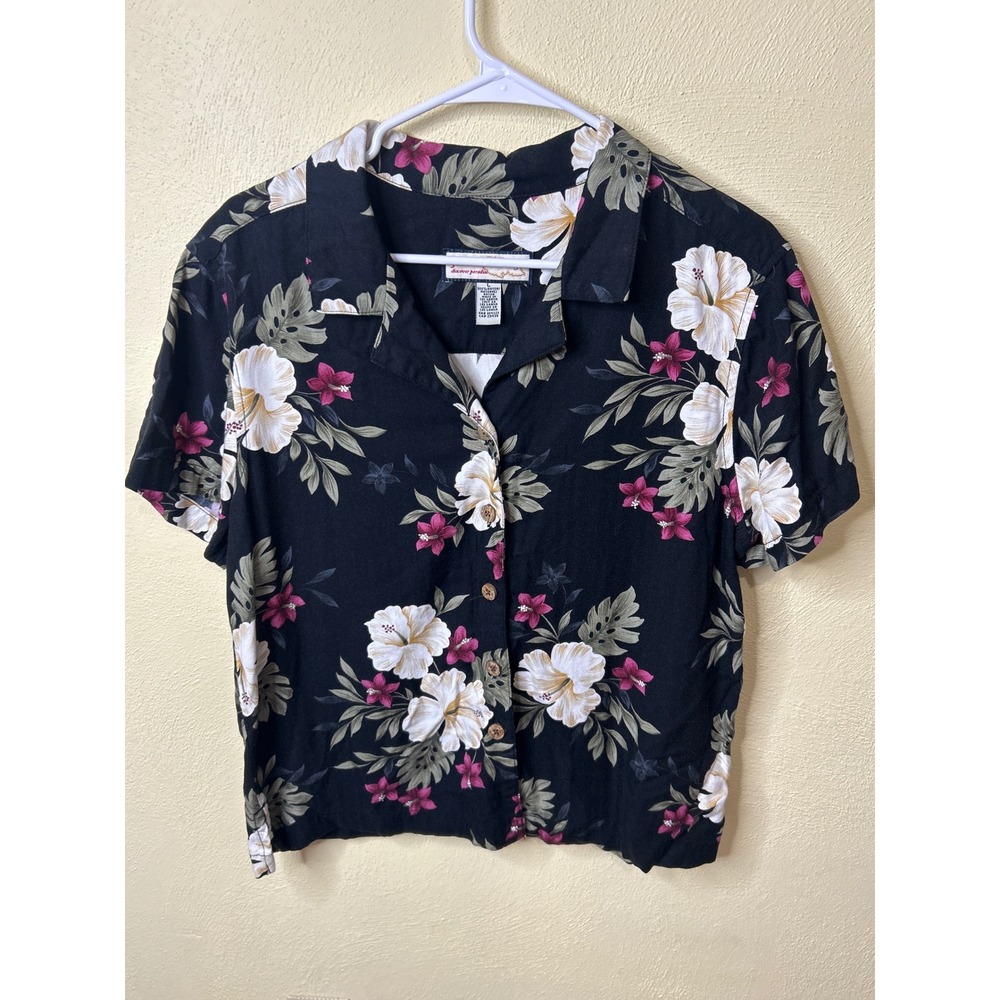 Jamaica Bay Womens Large Black Floral Hibiscus Tropical Rayon Button Up Shirt